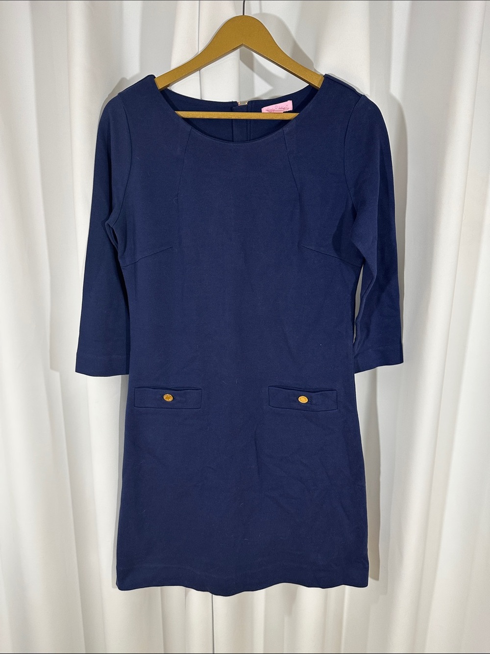 Lilly Pulitzer Navy Ponte Shift Dress Medium Gold Button Pocket Stretch Knit